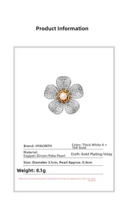 Détails d'une broche fleur argentée avec pétales en zircone et perle blanche