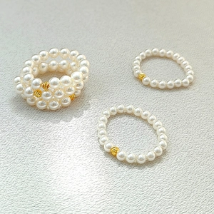 Minimalist Faux Artificial Pearl Beaded Elastic Ring For Women Handmade 18K Gold Plated Brass Lucky Bead Stretch Ring Fashion Jewelry