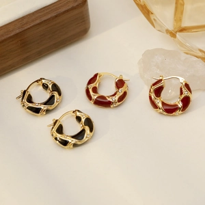 Boucles d'Oreilles Créoles en Émail en Cuivre Vintage pour Femmes Retro Plaqué Or Strass Goutte d'Huile Géométrique Bijoux de Mode