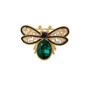 Exquisite gold bee brooch with large green gemstone and crystal inlaid wings for women