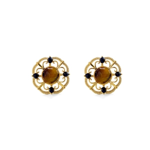 French retro hollow gold stud earrings with natural tiger eye stone and blue crystals