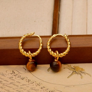 Pendientes de Aro con Colgante de Ojo de Tigre Estilo Vintage Maillard Chapados en Oro con Poste de Plata 925 Mujer