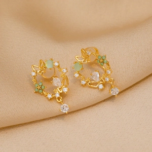 Exquisite gold floral butterfly earrings with green enamel and white zircon accents
