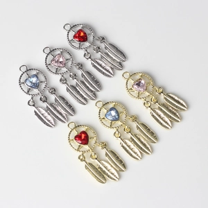 Alloy dreamcatcher charms with heart crystals and feathers for DIY jewelry making