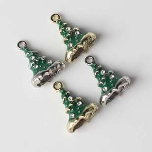 Enamel Christmas tree pendants with rhinestones on gold and silver bases set of four