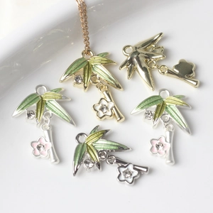 Alloy Enamel Bamboo Leaf Flower Pendant Zircon Inlaid DIY Jewelry Finding For Necklace Bracelet Crafting Women Oriental Accessory