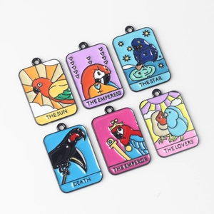 Set of 6 tarot charms featuring colorful parrot designs in drip oil enamel and alloy