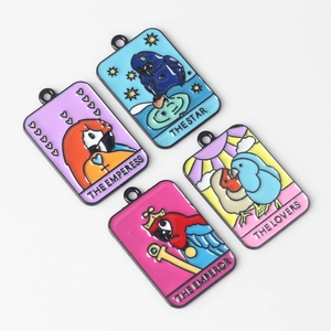 Enamel parrot tarot card charms in alloy including Empress and Lovers designs