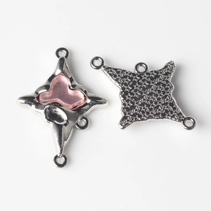Silver alloy cross connectors with pink resin inlay and star texture for DIY jewelry