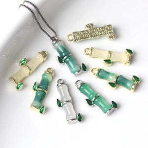 Bamboo Shape Alloy Resin Inlaid Pendant Enamel Green Leaf Charm For DIY Necklace Bracelet Jewelry Making Women Accessories