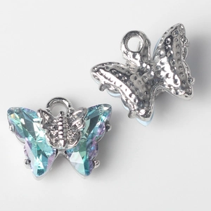 Macro detail of iridescent butterfly pendant charms with metallic back for DIY jewelry