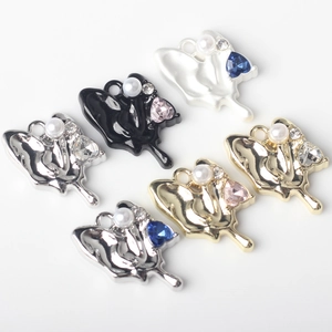 Set of 6 melting metal butterfly charms with pearls and colorful stones for DIY jewelry