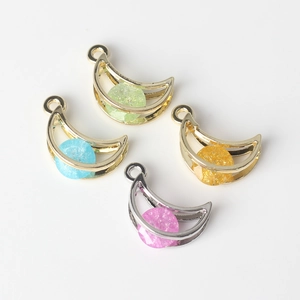Minimalist moon-shaped alloy pendants with colorful resin and zircons for DIY jewelry