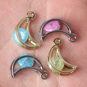 Minimalist moon-shaped DIY alloy pendants with colorful zircon inlay for jewelry making