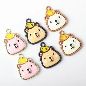DIY Alloy enamel pendants featuring cute cartoon bear with bird, set of 6 colorful charms