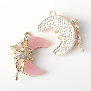 Detail of pink enamel moon pendant with gold star and crystal zircon setting