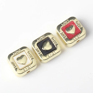 Three gold heart resin square beads with LOVE engraving for DIY jewelry making