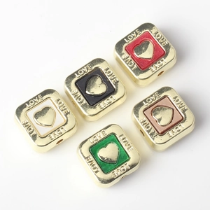 Five vintage gold alloy square beads with colorful resin hearts and LOVE engraving