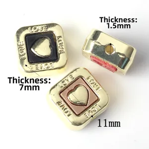Golden alloy square beads with engraved love text and resin hearts for DIY jewelry making