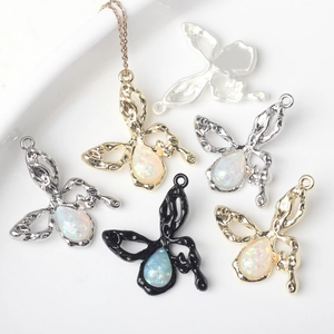 Alloy Butterfly Pendant With Synthetic Opal Inlaid Liquid Metal Style For DIY Necklace Earring Making Jewelry Accessories