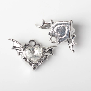 Detailed front and back view of gothic bat wing heart pendant with clear zircon stone