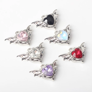 Set of 6 heart bat wing pendants with zircon inlay for DIY jewelry making accessories