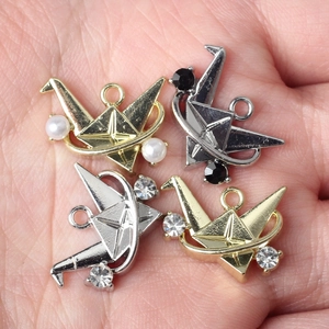 DIY jewelry origami crane pendants in gold and silver alloy with pearls and rhinestones