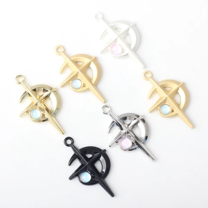 Minimalist alloy moon and cross pendants with inlaid stones for DIY jewelry making