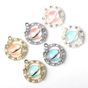 Alloy planet charms with crystals and pearls for DIY jewelry making in multiple colors