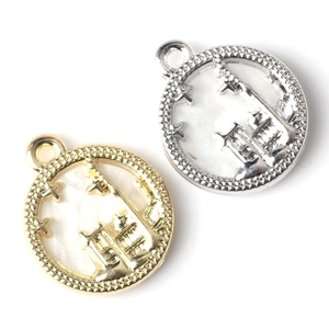 Golden and silver alloy castle coin pendants with iridescent mother of pearl inlays