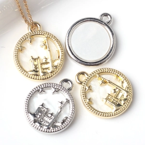 DIY Alloy Castle Silhouette Round Pendant For Bracelet Necklace Jewelry Making Gold Silver Faux Mother Of Artificial Pearl Charm