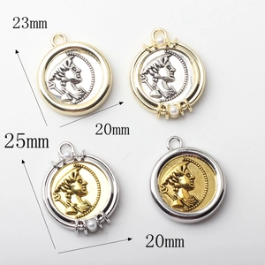 Fashion vintage coin pendant with pearl trim and portrait relief for DIY jewelry