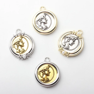 Fashion alloy coin pendants with portrait relief and pearl accents for DIY jewelry