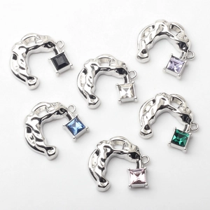 Silver alloy C-shape pendant with colorful square cubic zirconia and small pearl detail