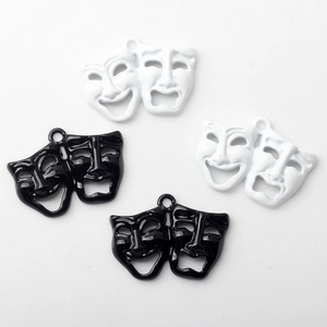Black and white alloy comedy and tragedy mask charms with glossy enamel finish for DIY jewelry