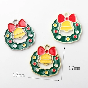 Colorful 17mm Christmas bell alloy enamel charms with wreath and bow for DIY jewelry