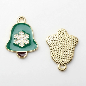 Detailed front and back view of green enamel Christmas bell charms with white snowflakes