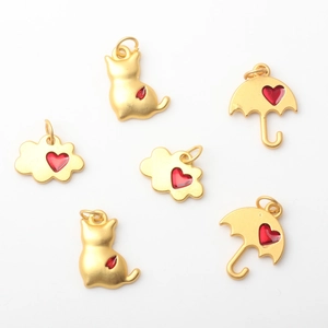 Vintage gold cat umbrella cloud charms with red heart inlay for DIY jewelry making
