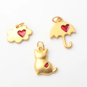 Vintage gold alloy charms featuring cute cat, umbrella, and cloud with red hearts