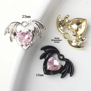 Alloy heart wing pendant with pink zircon in silver, gold and black finish, 23x16mm