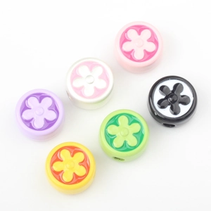 Flat round floral spacer beads in six vibrant colors for DIY jewelry bracelet making
