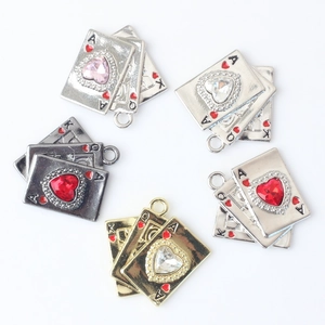 Alloy poker playing card pendants with heart crystals for DIY necklace making