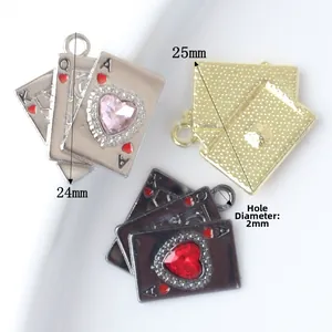 Minimalist alloy poker card pendants with crystal heart charms for DIY jewelry making
