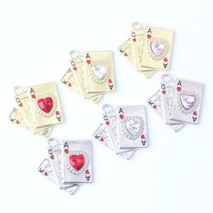 Minimalist alloy playing card charms with crystals in gold and silver plating for DIY jewelry
