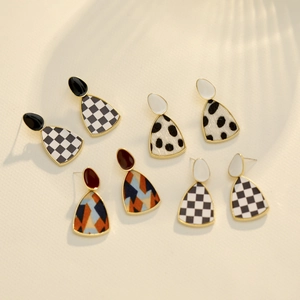 Vintage Boucles d'Oreilles en Alliage de Zinc Épissage Géométrique Avec Tige en Argent Sterling 925 Tissu Damier Léopard Femme Bijoux