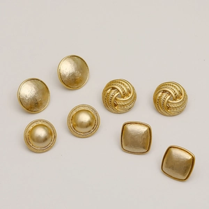 Minimalist gold metal earrings set with vintage round and square geometric textured designs