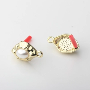 Detail of alloy geometric earring pendant with white resin pearl and honeycomb back