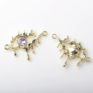 Macro detail of gold molten eye pendant with purple gem and dual connector rings