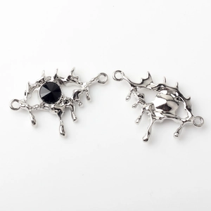 Macro detail of liquid metal silver eye pendant with faceted black gemstone insert