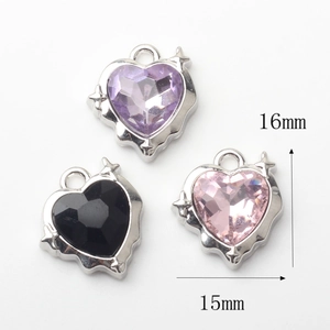 Alloy heart pendants with rhinestones in purple, black, and pink for DIY jewelry making
